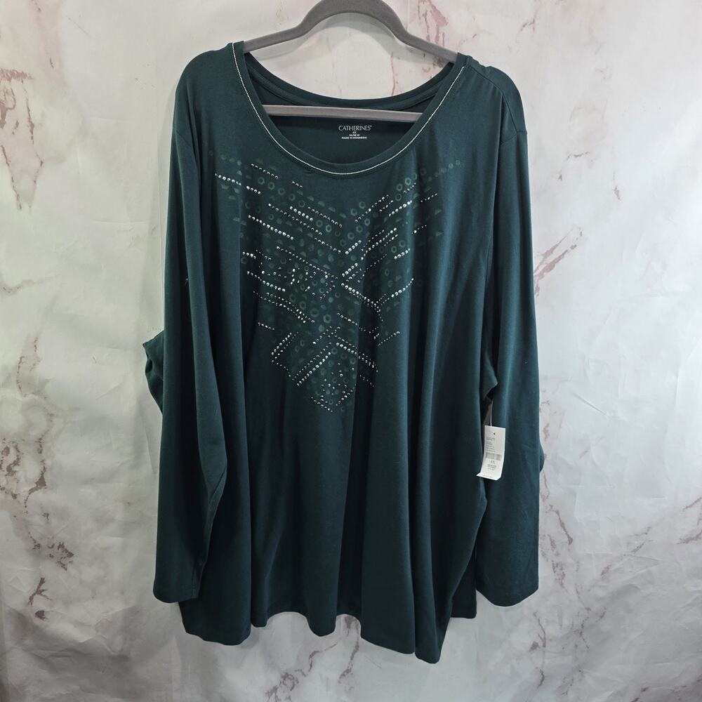 Catherines Shirt Womens 4X 30W 32W Green Long Sleeve Tee Gem Jewel Bling